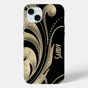 Black and Gold with a Swirly Print iPhone 15 Mini Case