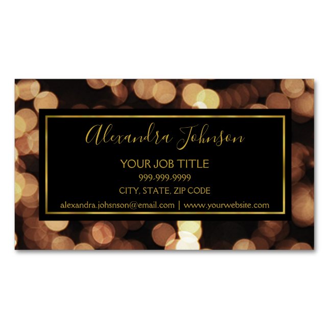 Black and Gold with Bokeh Lights Modern Magnetic Business Card (Front)