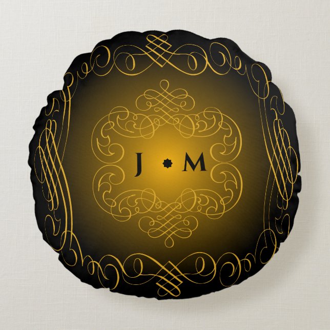 Black and Gold with Decorative Elements  Round Cushion (Front)