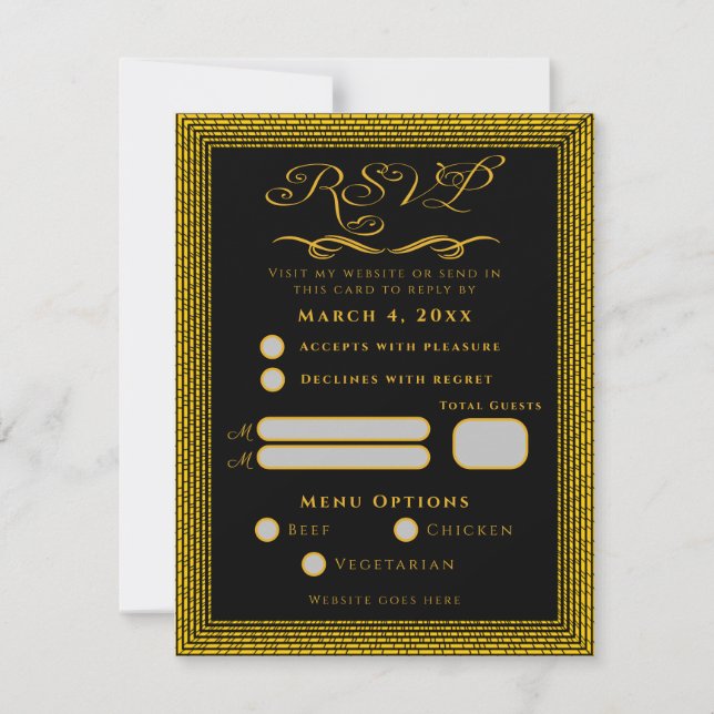 Black and Gold with decorative elements  RSVP Card (Front)