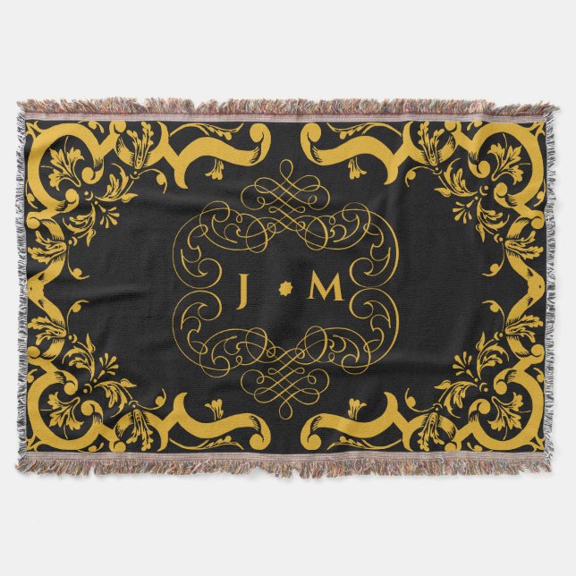 Black and Gold with initials Throw Blanket (Front)