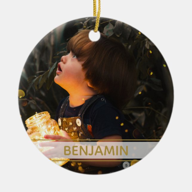 Black and gold with picture Christmas Ceramic Ornament (Front)