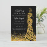 Black and Gold Woman in Dress 40th Birthday Invitation<br><div class="desc">Silhouette of woman in elegant dress for her "forty and fabulous" birthday party. Dress in gold and black and glitter for her floor. Customise with your party's details.</div>