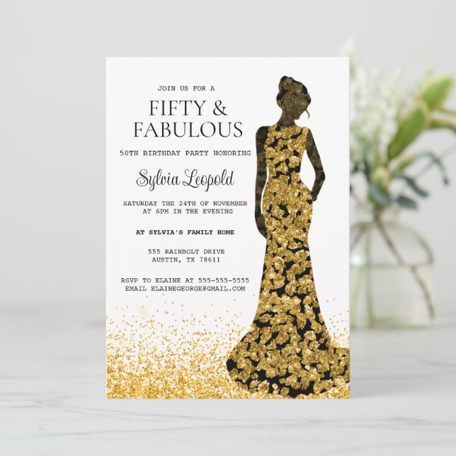 Black and Gold Woman in Dress 50th Birthday Invitation (Standing Front)