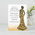 Black and Gold Woman in Dress 50th Birthday Invitation<br><div class="desc">Silhouette of woman in elegant dress for her "fifty and fabulous" birthday party. Dress in gold and black and glitter for her floor. Customise with your party's details.</div>