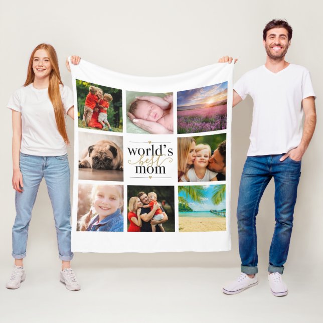 Black and Gold Worlds Best Mum 8 Photo Collage Fleece Blanket (In Situ)