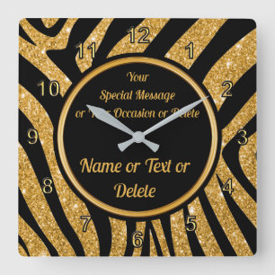 Black and Gold, Zebra Print Clock, Personalised Square Wall Clock