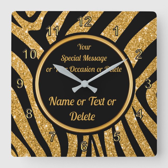 Black and Gold, Zebra Print Clock, Personalised Square Wall Clock (Front)