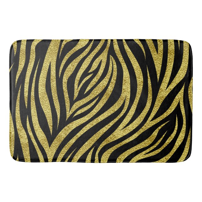 Black and Gold Zebra Stripes Bath Mat (Front)