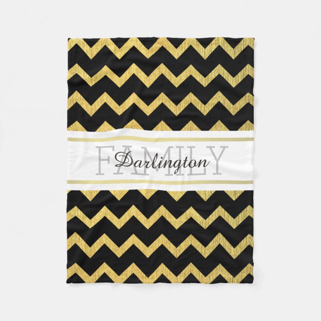 Black and Gold Zig Zag Chevron Pattern Fleece Blanket (Front)