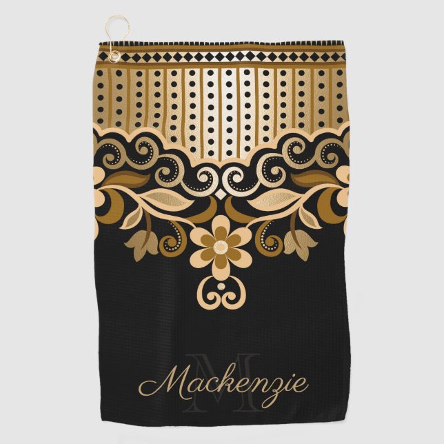 Black and Golden Abstract Floral Golf Towel (Front)