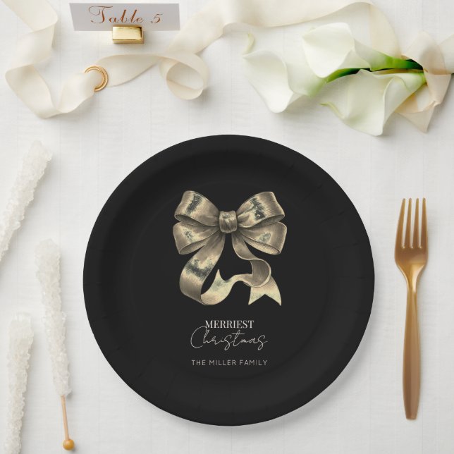 Black and Golden Bow Minimalist Christmas  Paper Plate (Wedding)
