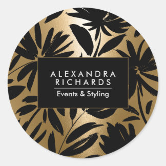 Black and Golden Brush Floral Classic Round Sticker