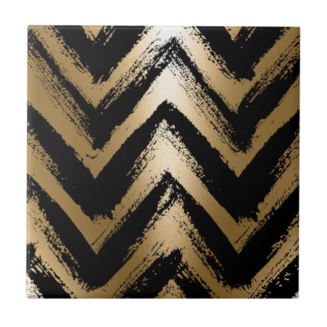 Black and Golden Brush Stripes Ceramic Tile (Front)