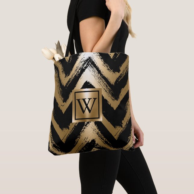 Black and Golden Brush Stripes Tote Bag (Close Up)