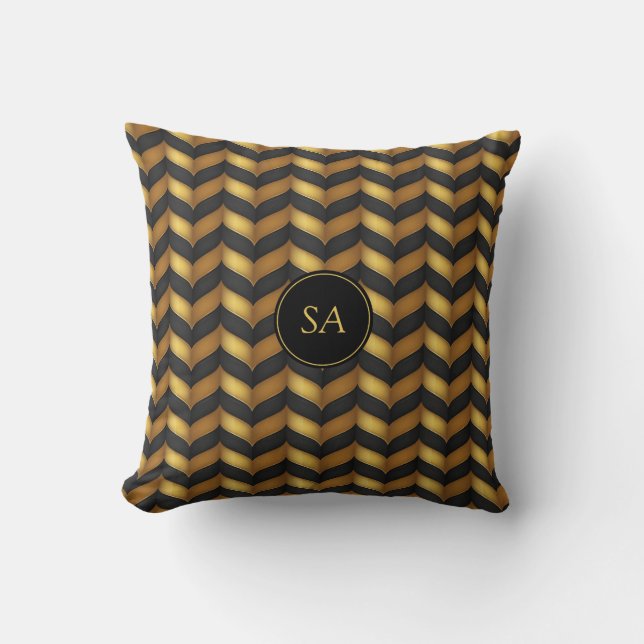 Black and Golden Chevron with Custom Monogram Cushion (Front)