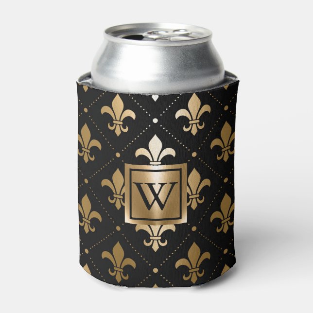 Black and Golden Fleur-de-lis Can Cooler (Can Front)