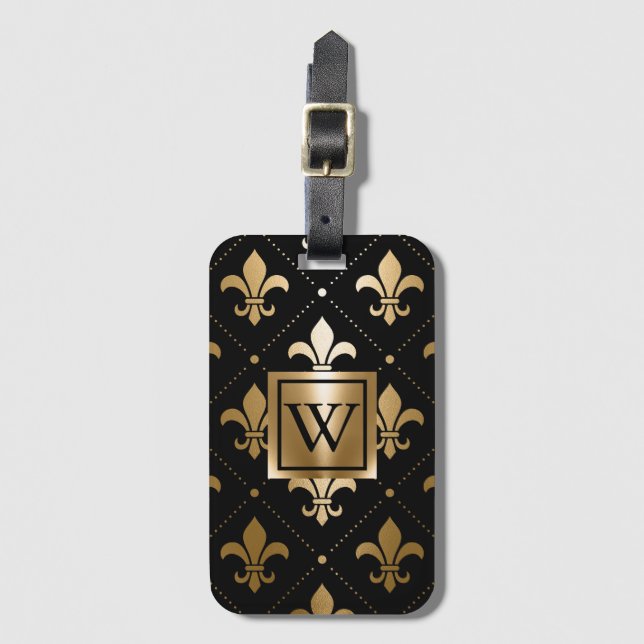 Black and Golden Fleur-de-lis Luggage Tag (Front Vertical)