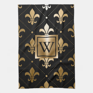 Black and Golden Fleur-de-lis Tea Towel