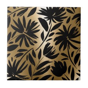 Black and Golden Floral Brush Ceramic Tile