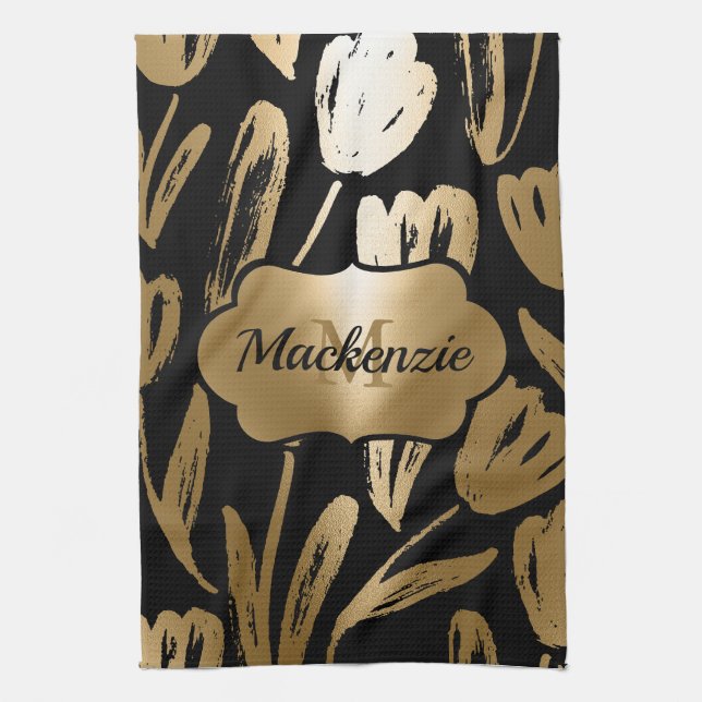 Black and Golden Flowers  Tea Towel (Vertical)