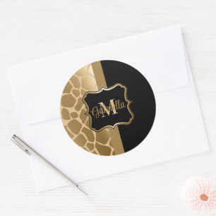 Black and Golden Giraffe Pattern Classic Round Sticker