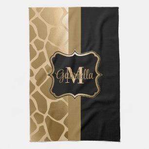 Black and Golden Giraffe Pattern Tea Towel