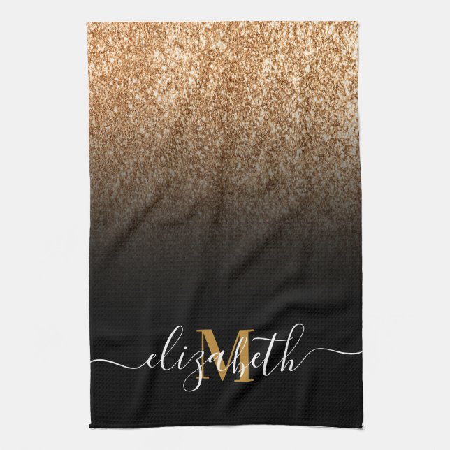 Black and Golden Glitter Monogram Tea Towel (Vertical)