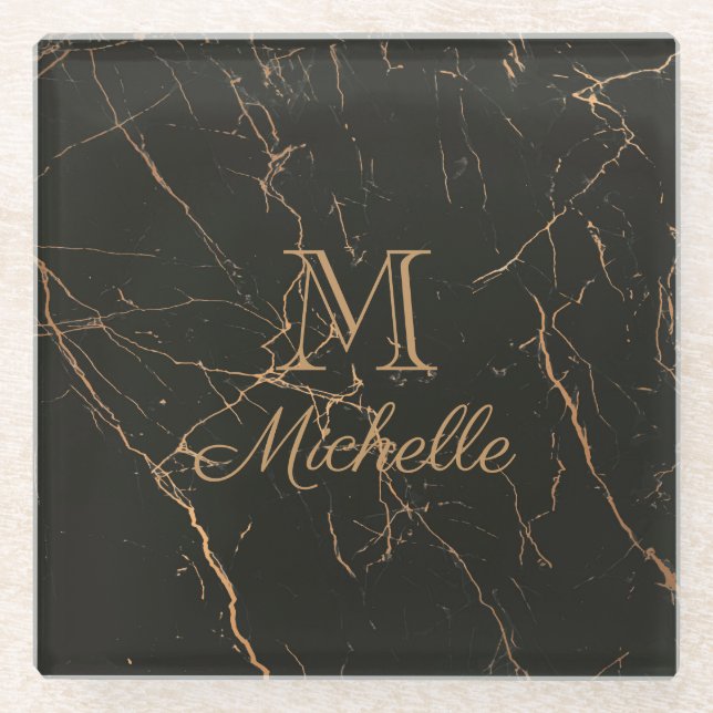 Black and Golden Marble Glass Coaster (Front)