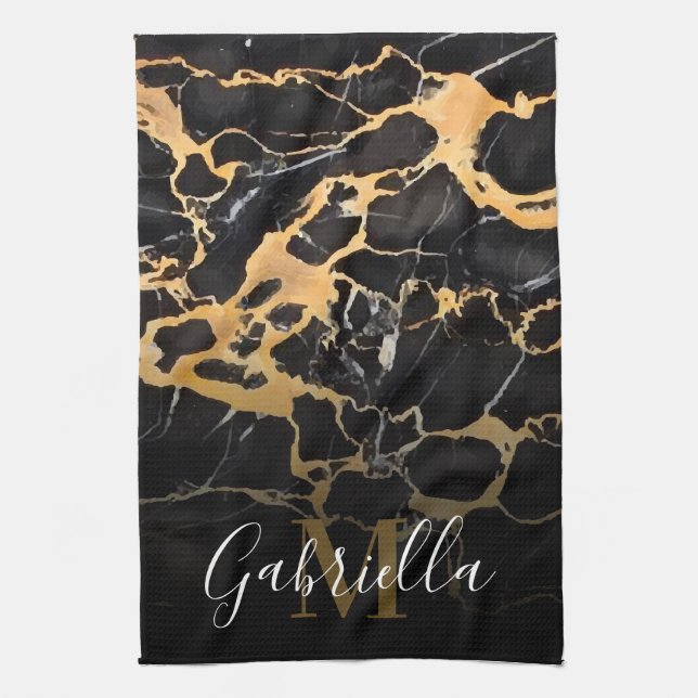 Black and Golden Marble Tea Towel (Vertical)