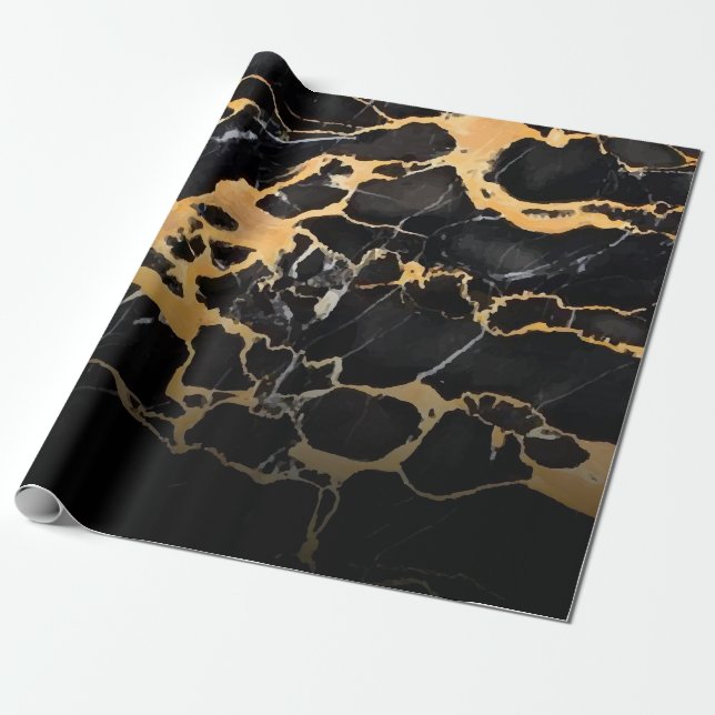 Black and Golden Marble Wrapping Paper (Unrolled)