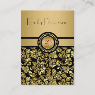 Black And Golden Metallic Floral Damasks Monogram Business Card