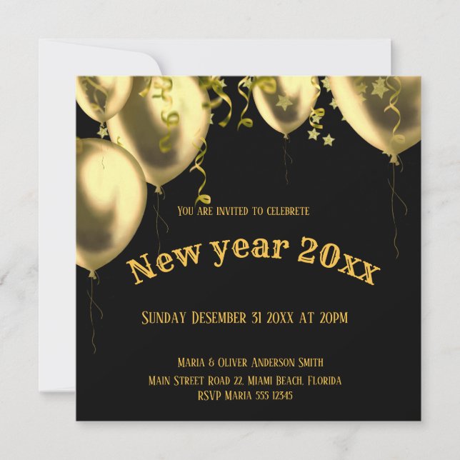 Black and Golden Modern New Year square Invitation (Front)