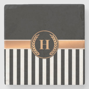 Black and Golden Monogram Stone Coaster