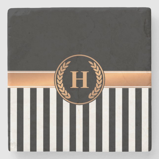Black and Golden Monogram Stone Coaster (Front)
