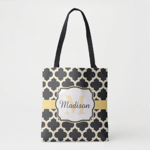 Black and Golden Moroccan Quatrefoil Tote Bag