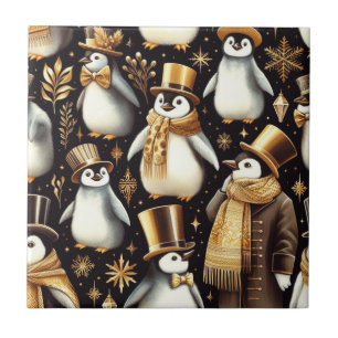 Black and Golden Penguin Ceramic Tile