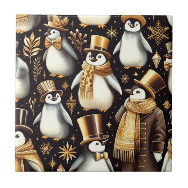 Black and Golden Penguin Ceramic Tile (Front)