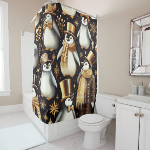 Black and Golden Penguin Shower Curtain