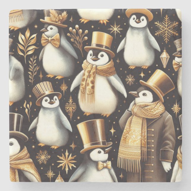 Black and Golden Penguin Stone Coaster (Front)