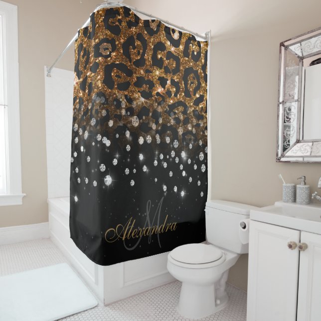 Black and Golden Sparkle Leopard Print Shower Curtain (In Situ)