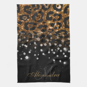Black and Golden Sparkle Leopard Print Tea Towel