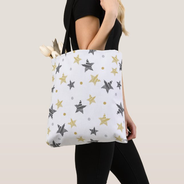 Black And Golden Stars Tote Bag (Close Up)