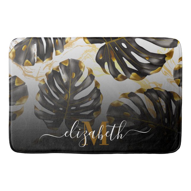 Black and Golden Tropical Leaves Bath Mat (Front)