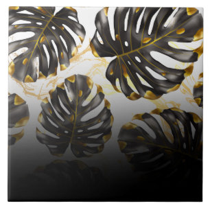 Black and Golden Tropical Leaves Ceramic Tile