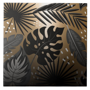 Black and Golden Tropical Leaves Ceramic Tile
