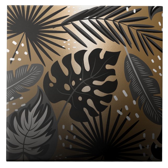 Black and Golden Tropical Leaves Ceramic Tile (Front)