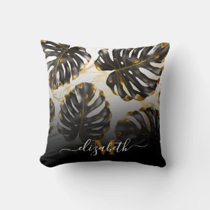 Black and Golden Tropical Leaves Cushion
