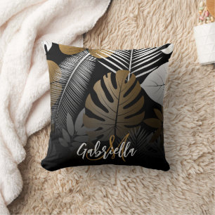 Black and Golden Tropical Leaves Cushion