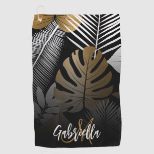 Black and Golden Tropical Leaves Golf Towel